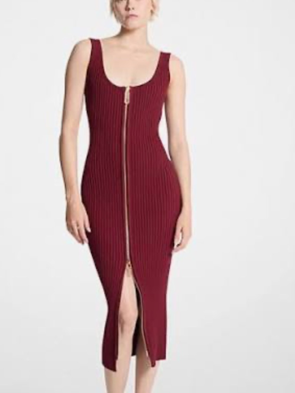 Michael Kors Burgundy Ribbed Zip-Front Midi Dress